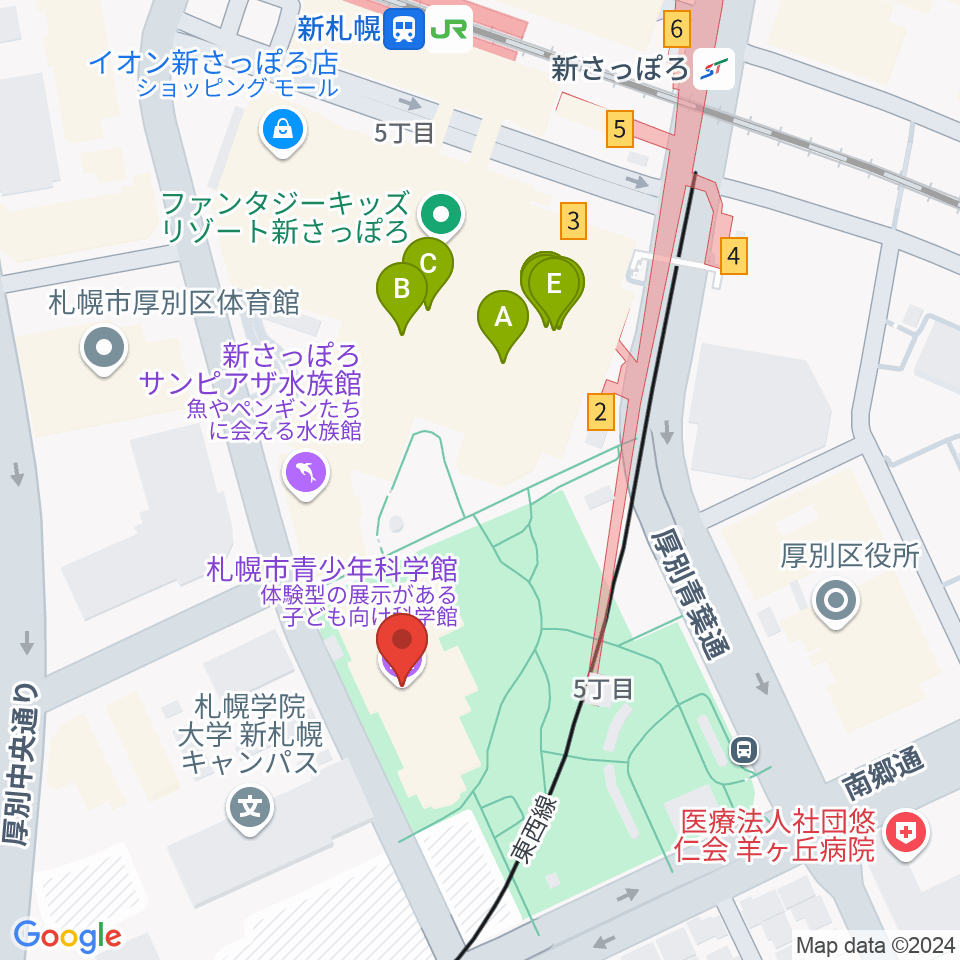 札幌市青少年科学館周辺のファミレス・ファーストフード一覧地図