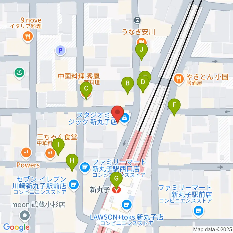 スタジオミュジック 新丸子店周辺のファミレス・ファーストフード一覧地図