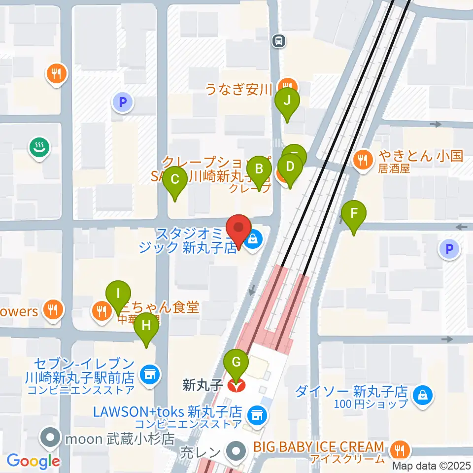 スタジオミュジック 新丸子店周辺のファミレス・ファーストフード一覧地図