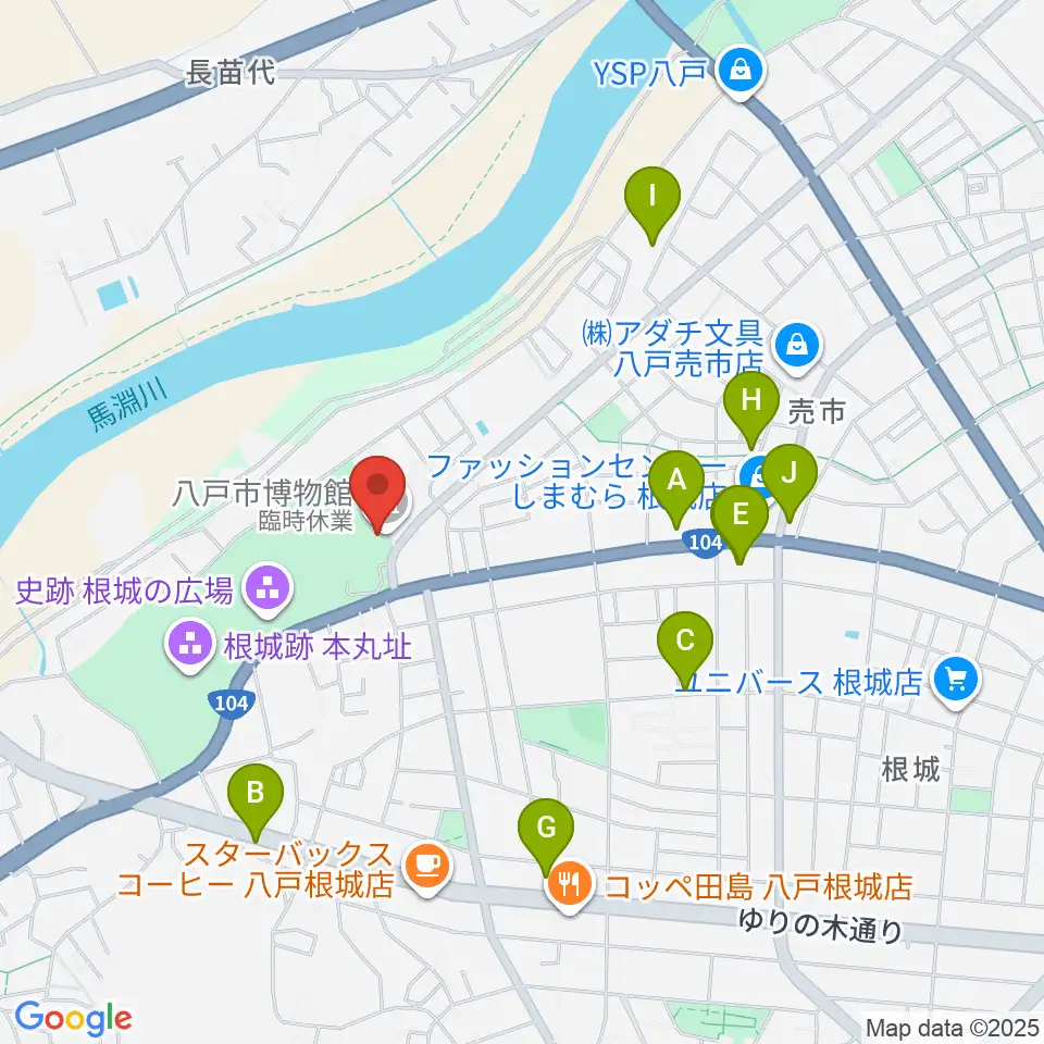 八戸市博物館周辺のファミレス・ファーストフード一覧地図