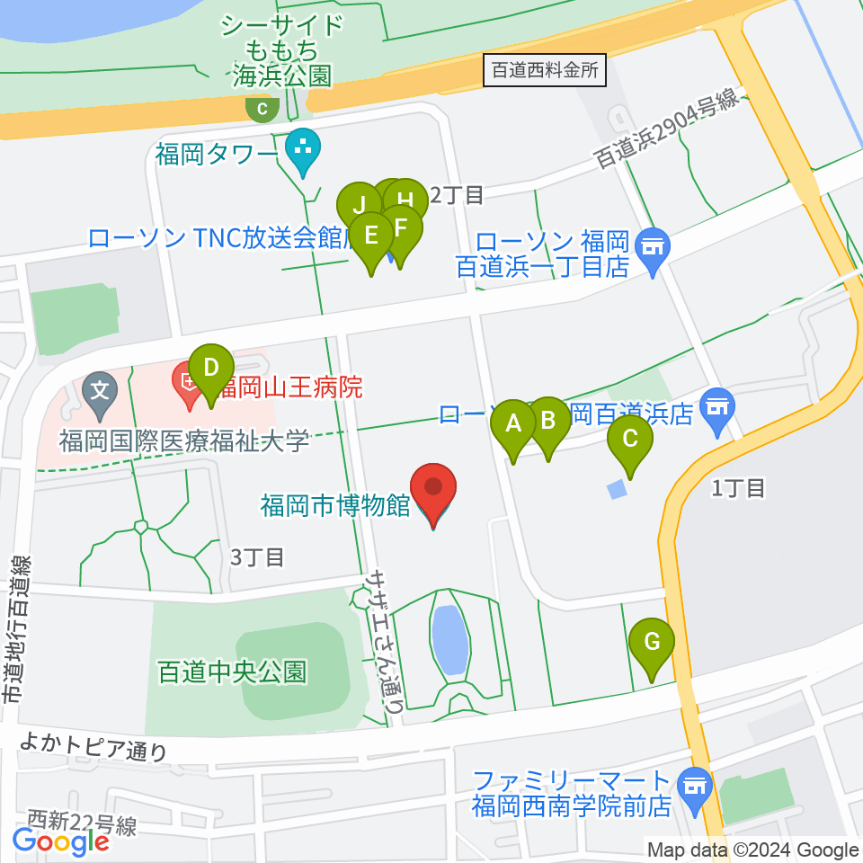 福岡市博物館周辺のファミレス・ファーストフード一覧地図