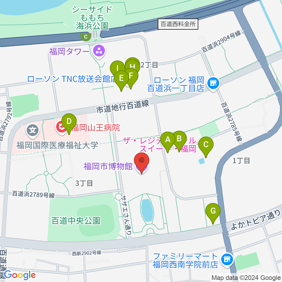 福岡市博物館周辺のファミレス・ファーストフード一覧地図