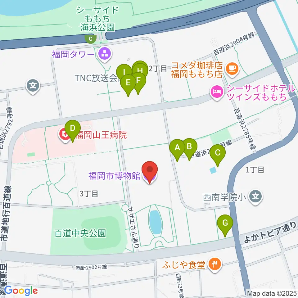 福岡市博物館周辺のファミレス・ファーストフード一覧地図