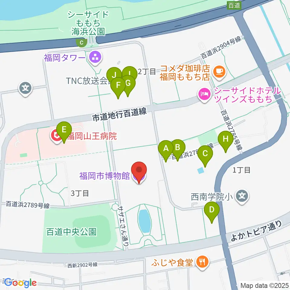 福岡市博物館周辺のファミレス・ファーストフード一覧地図