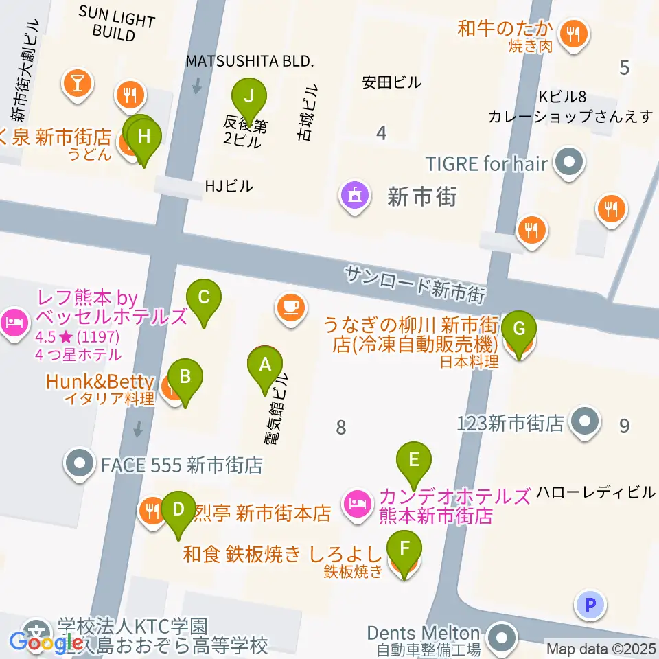 Denkikan周辺のファミレス・ファーストフード一覧地図