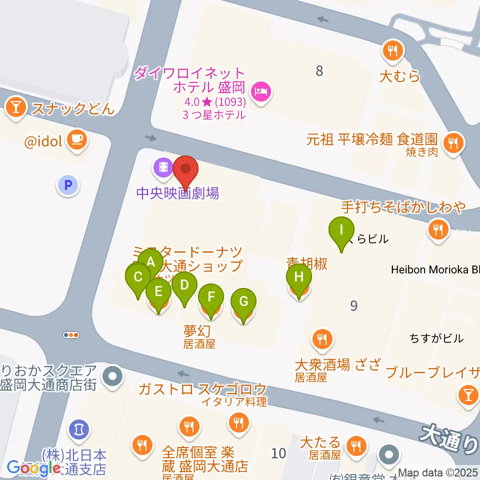 中央映画劇場周辺のファミレス・ファーストフード一覧地図