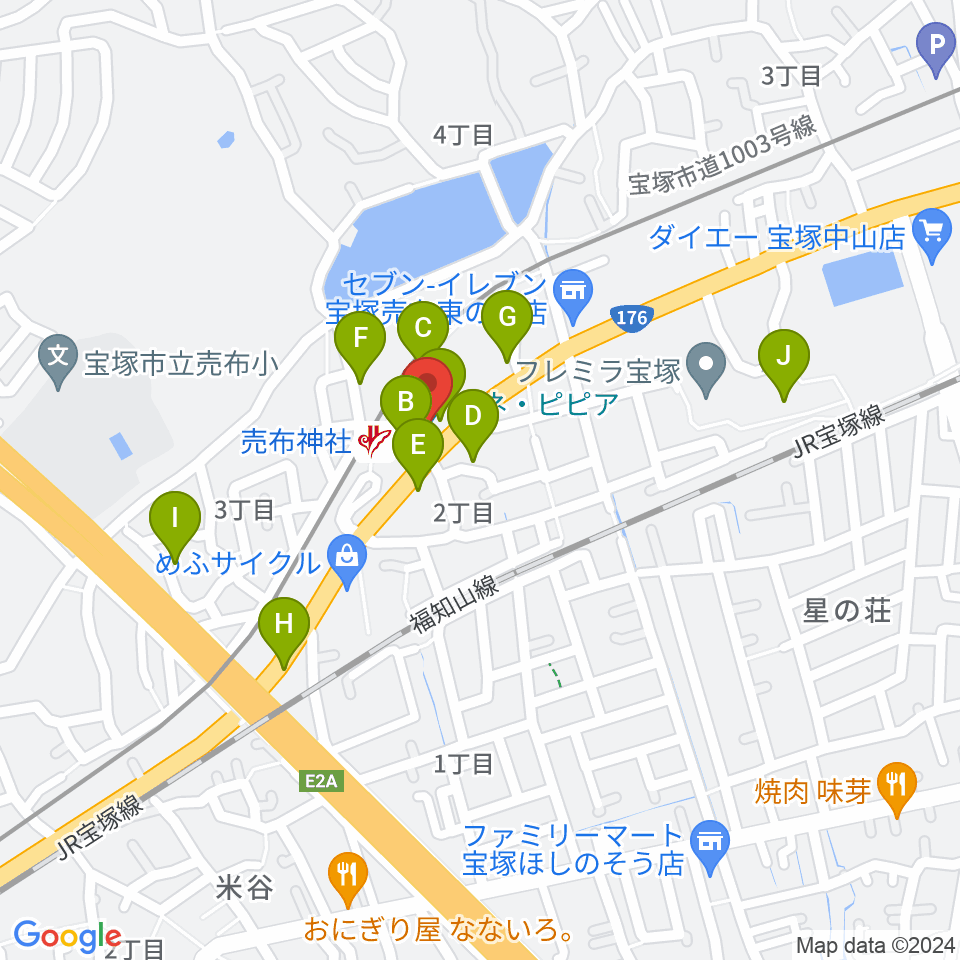 宝塚シネ・ピピア周辺のファミレス・ファーストフード一覧地図