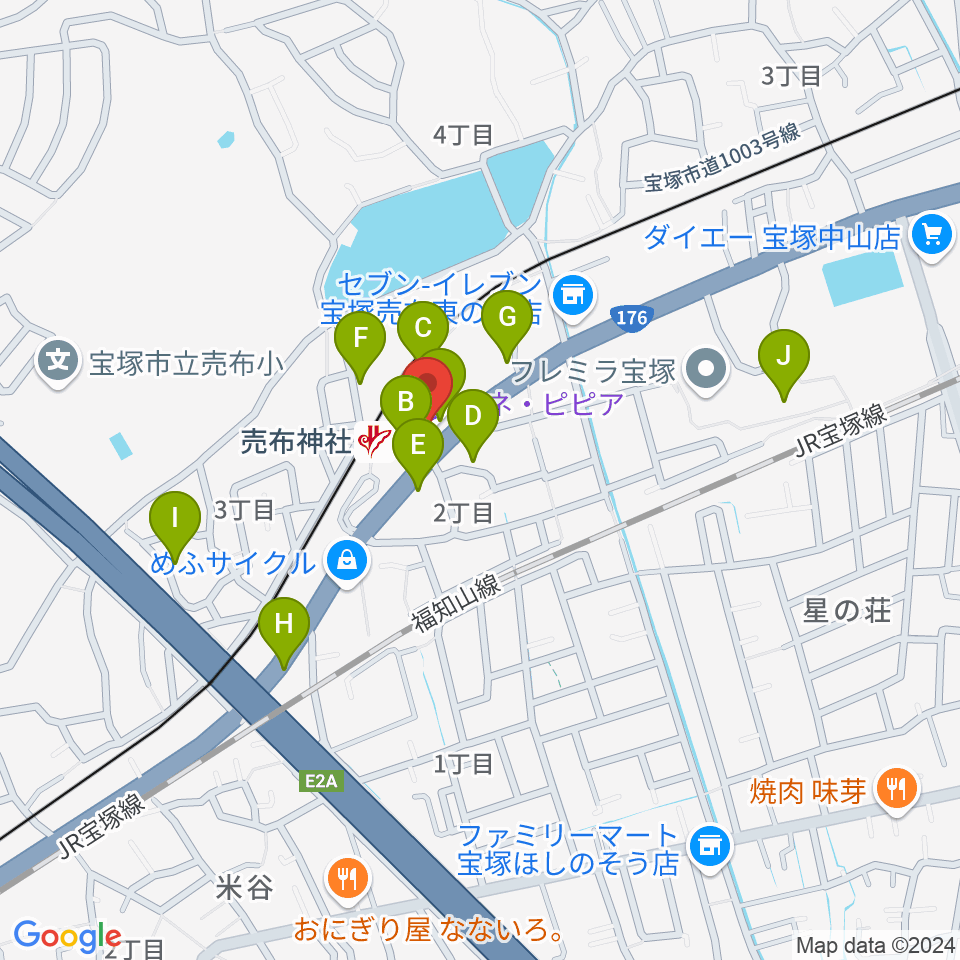 宝塚シネ・ピピア周辺のファミレス・ファーストフード一覧地図