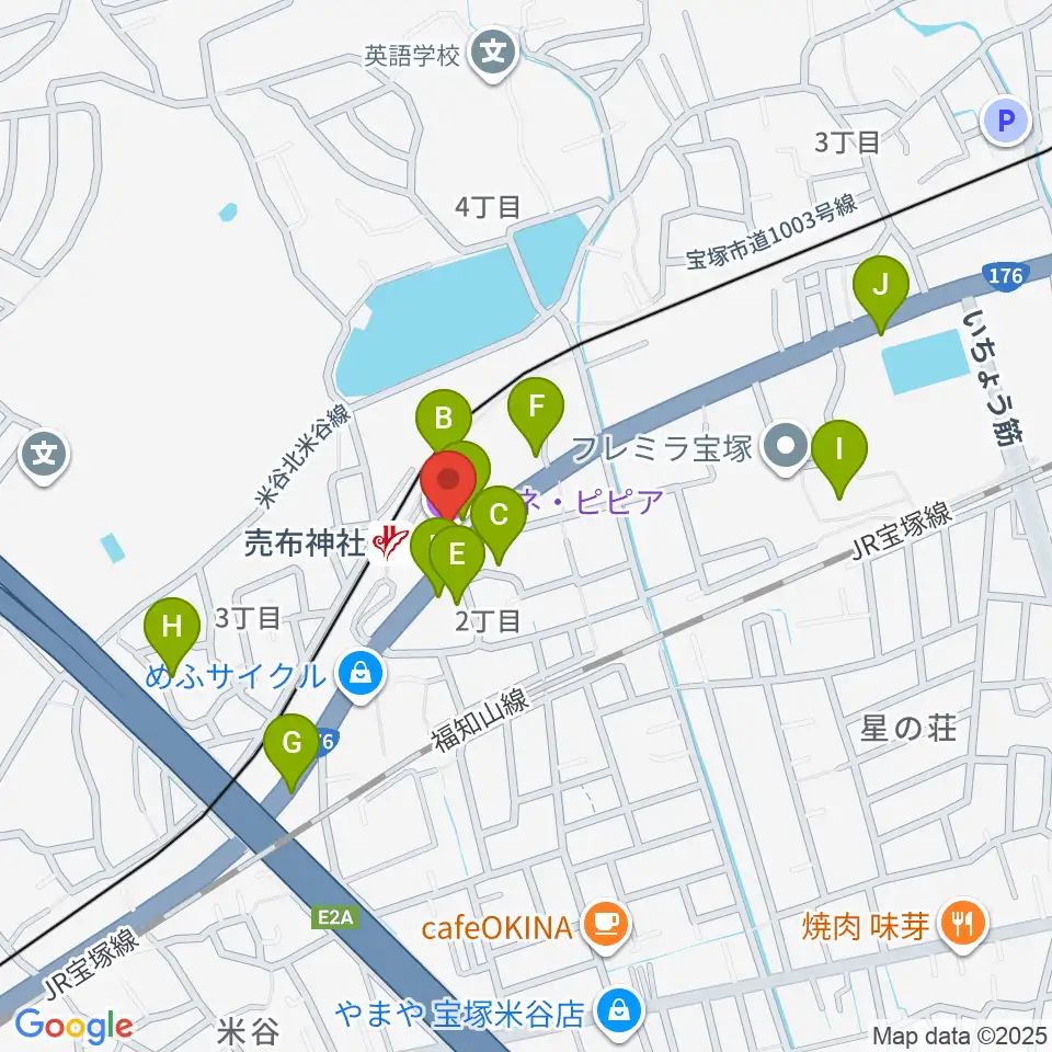 宝塚シネ・ピピア周辺のファミレス・ファーストフード一覧地図