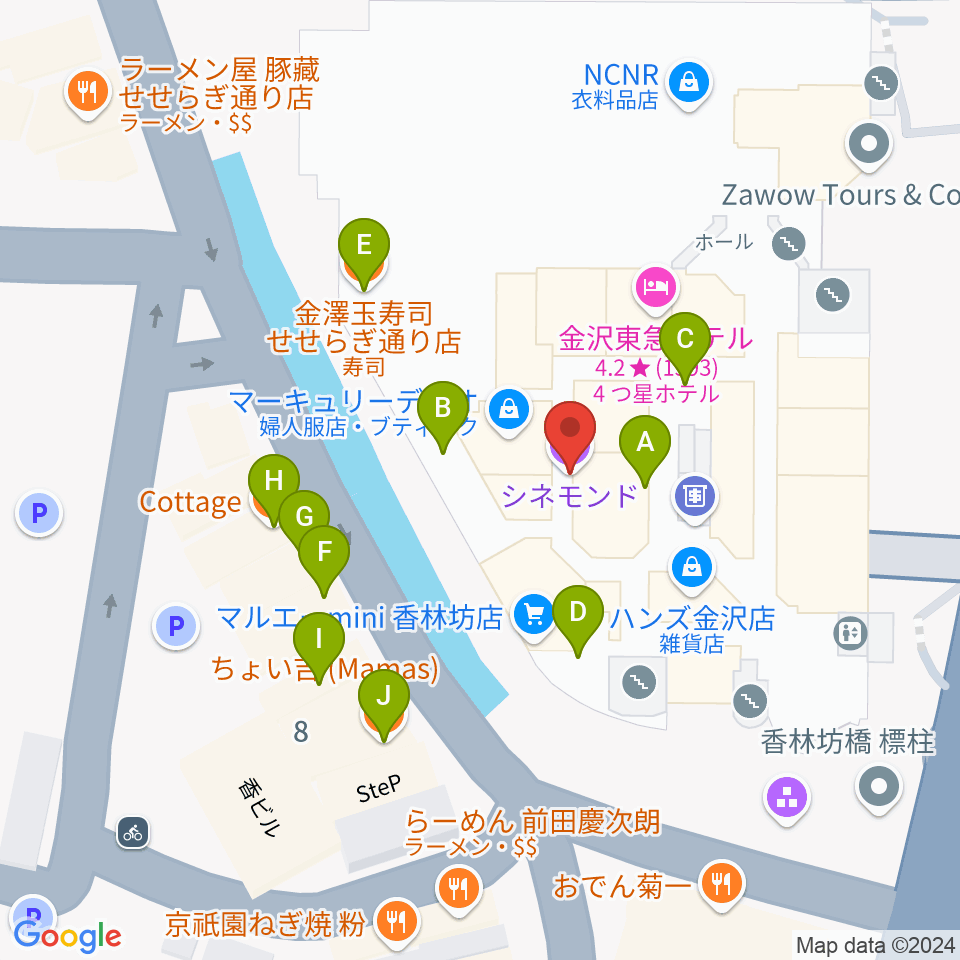 金沢シネモンド周辺のファミレス・ファーストフード一覧地図