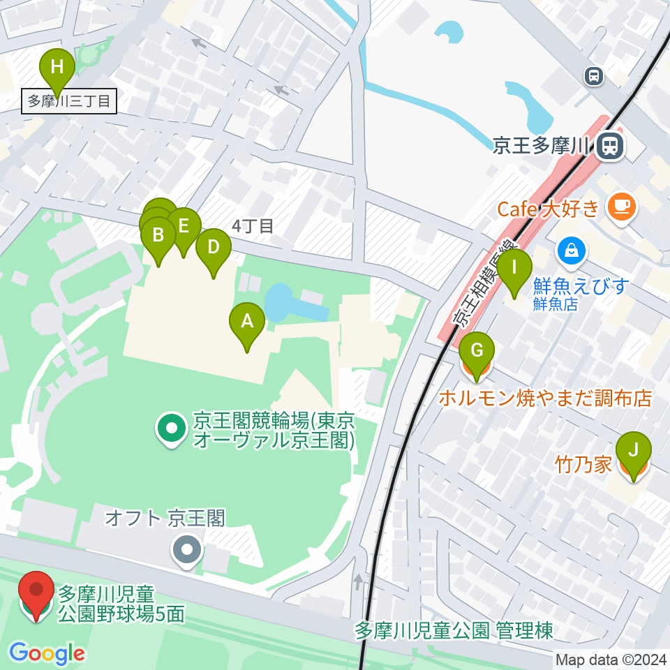 多摩川児童公園少年野球場周辺のファミレス・ファーストフード一覧地図