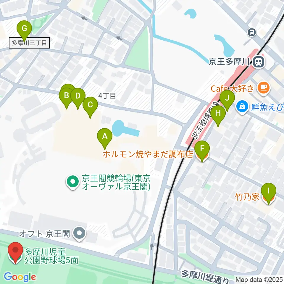 多摩川児童公園少年野球場周辺のファミレス・ファーストフード一覧地図
