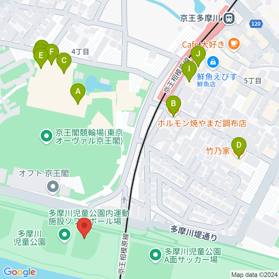 多摩川児童公園ソフトボール場周辺のファミレス・ファーストフード一覧地図