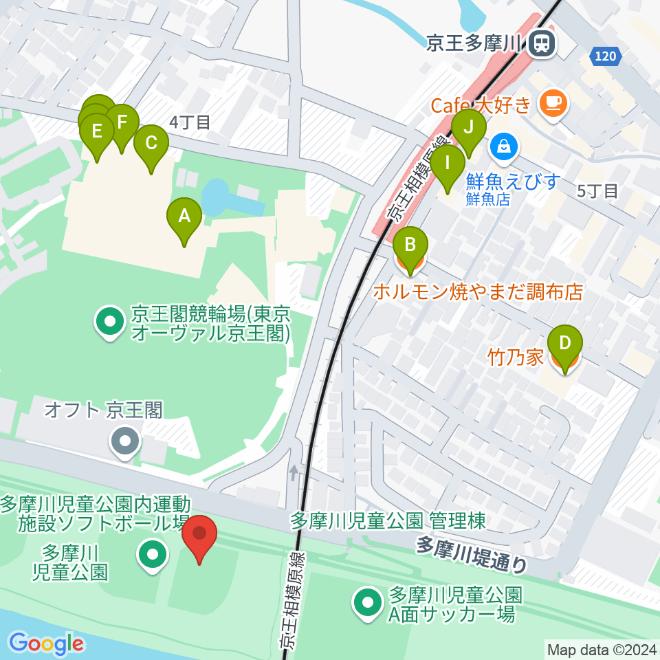 多摩川児童公園ソフトボール場周辺のファミレス・ファーストフード一覧地図