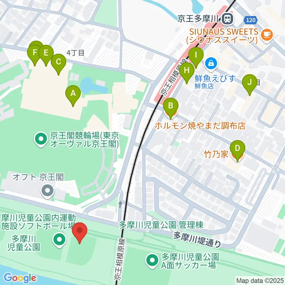 多摩川児童公園ソフトボール場周辺のファミレス・ファーストフード一覧地図