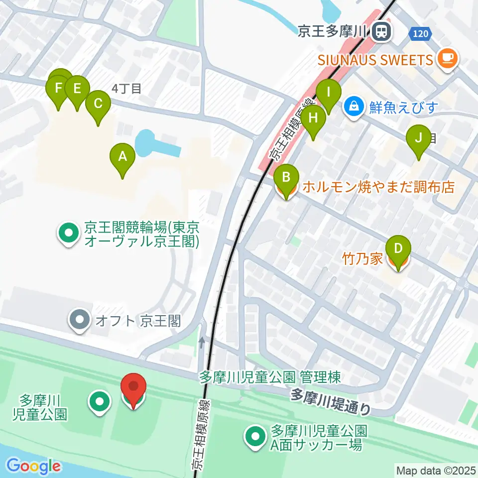 多摩川児童公園ソフトボール場周辺のファミレス・ファーストフード一覧地図