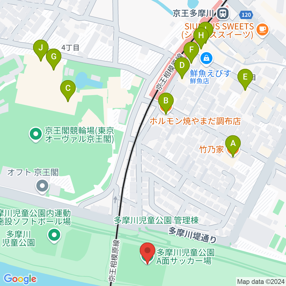 多摩川児童公園サッカー場周辺のファミレス・ファーストフード一覧地図