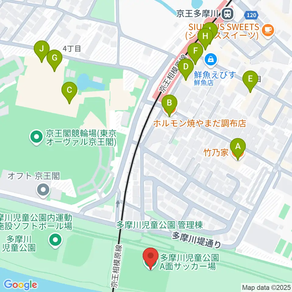 多摩川児童公園サッカー場周辺のファミレス・ファーストフード一覧地図