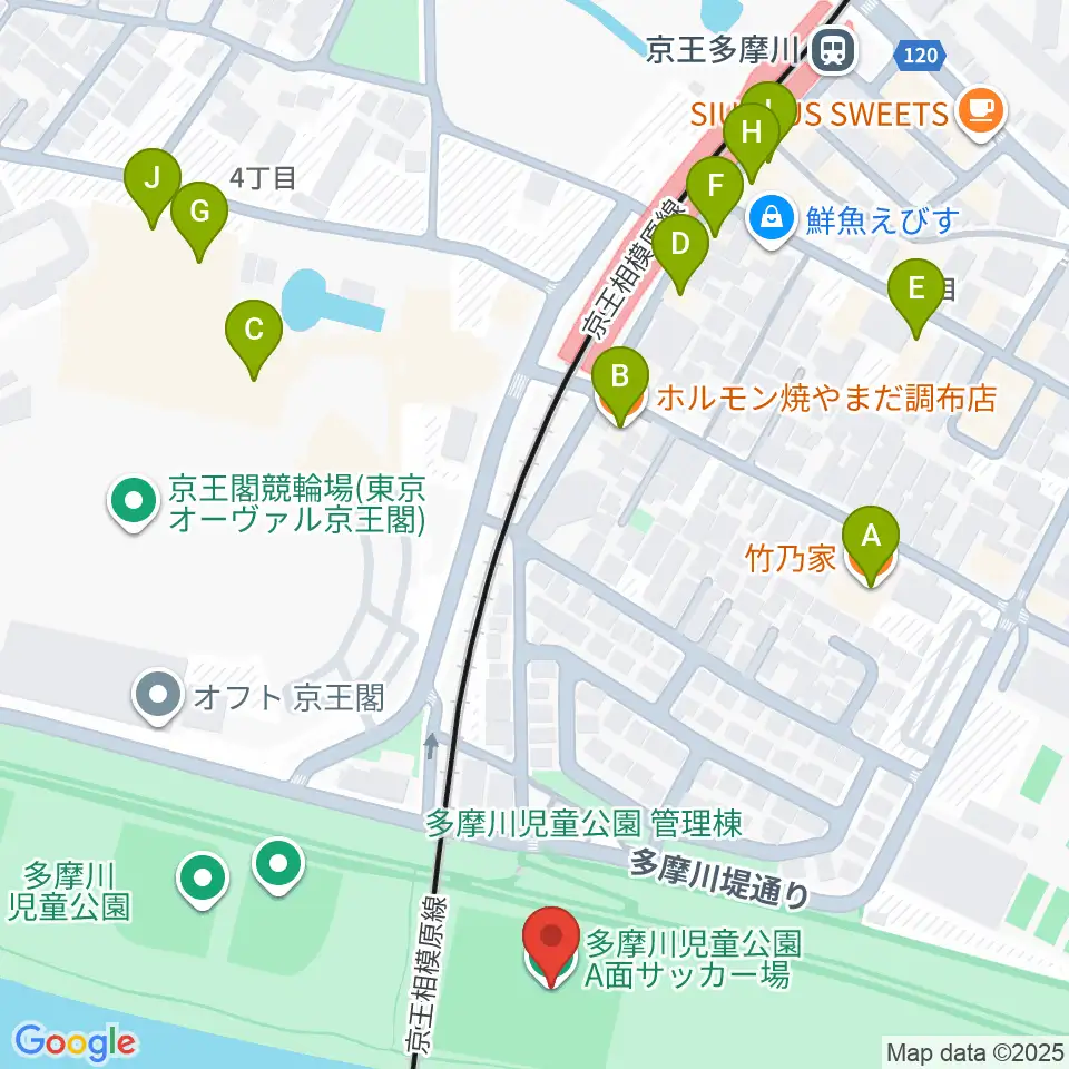 多摩川児童公園サッカー場周辺のファミレス・ファーストフード一覧地図