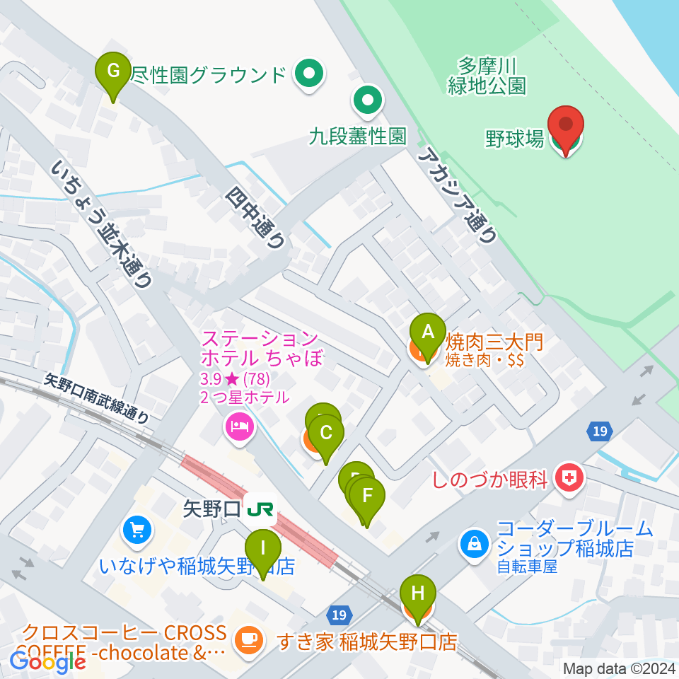 多摩川緑地公園野球場周辺のファミレス・ファーストフード一覧地図