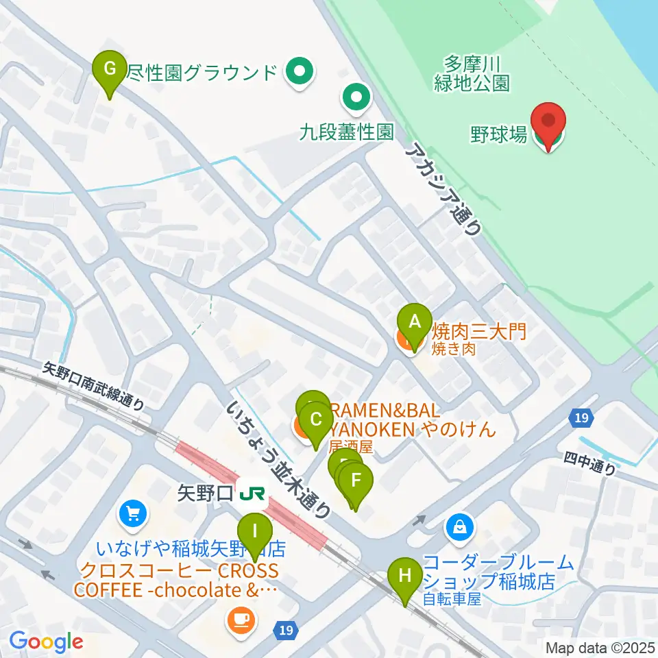 多摩川緑地公園野球場周辺のファミレス・ファーストフード一覧地図