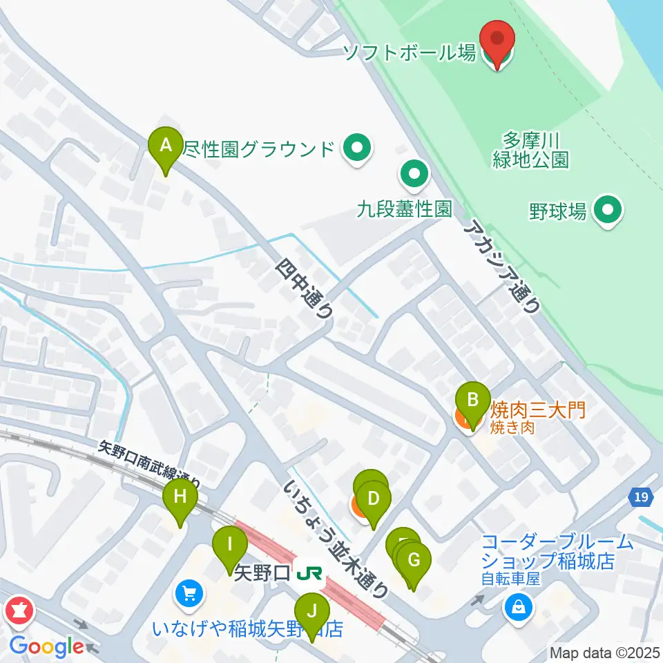 多摩川緑地公園ソフトボール場周辺のファミレス・ファーストフード一覧地図