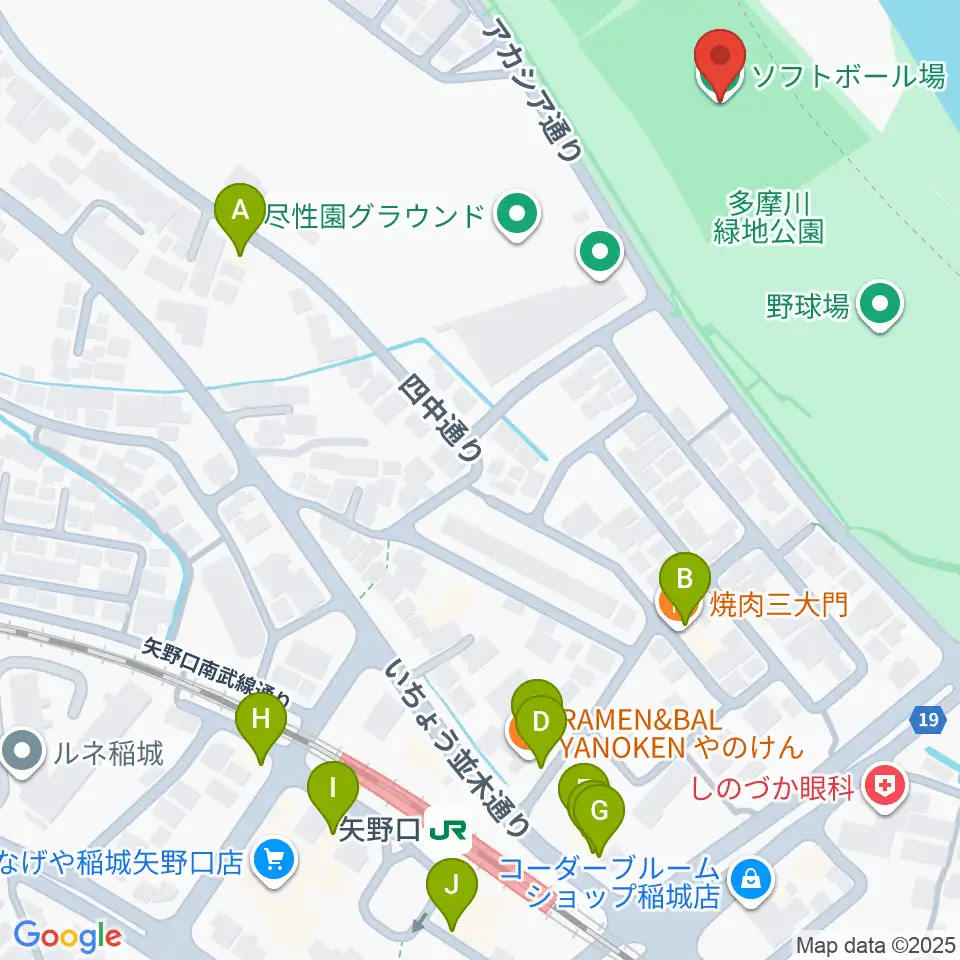 多摩川緑地公園ソフトボール場周辺のファミレス・ファーストフード一覧地図