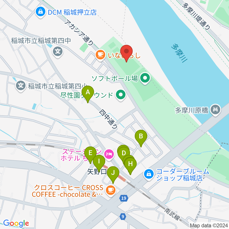 多摩川緑地公園多目的広場周辺のファミレス・ファーストフード一覧地図