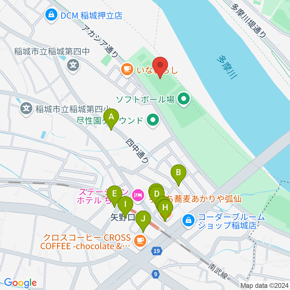 多摩川緑地公園多目的広場周辺のファミレス・ファーストフード一覧地図