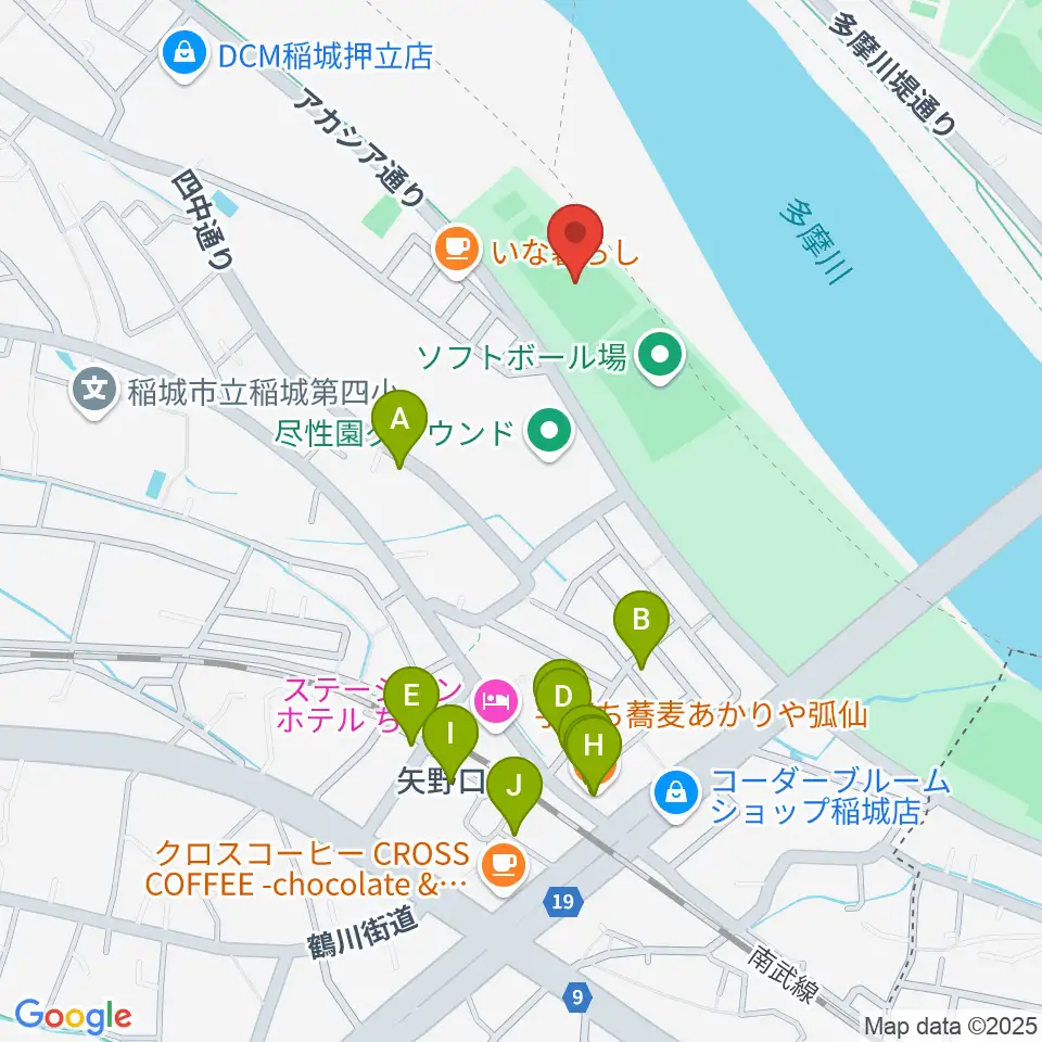 多摩川緑地公園多目的広場周辺のファミレス・ファーストフード一覧地図