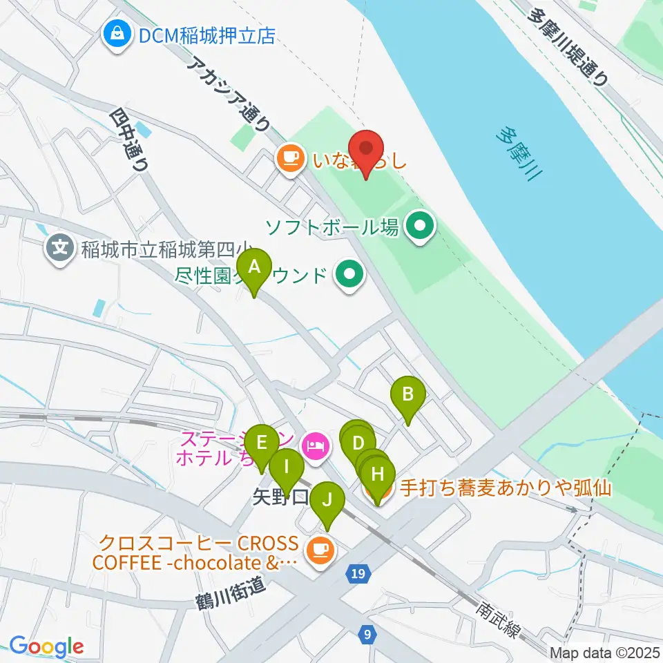 多摩川緑地公園多目的広場周辺のファミレス・ファーストフード一覧地図