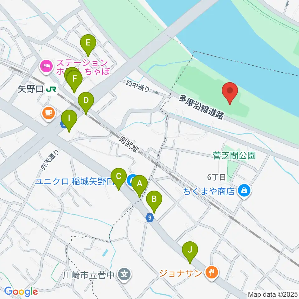 多摩川緑地菅少年野球場周辺のファミレス・ファーストフード一覧地図