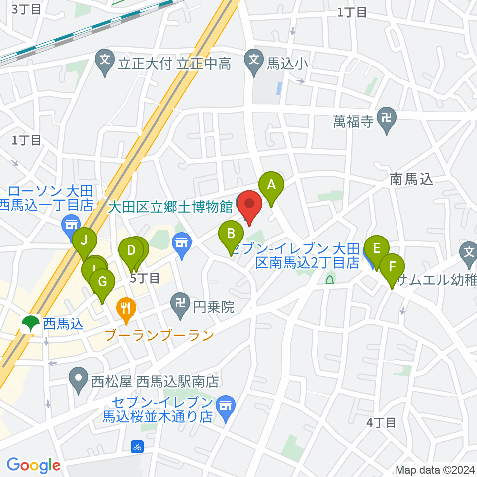 大田区立郷土博物館周辺のファミレス・ファーストフード一覧地図