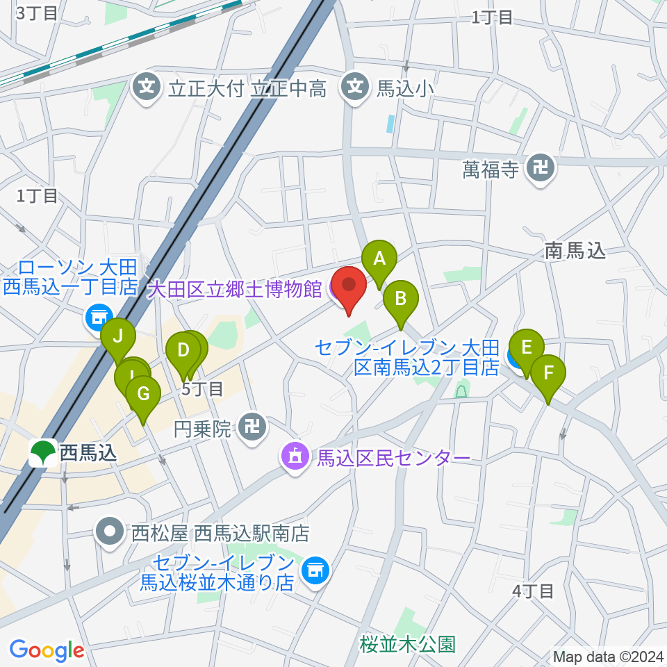 大田区立郷土博物館周辺のファミレス・ファーストフード一覧地図