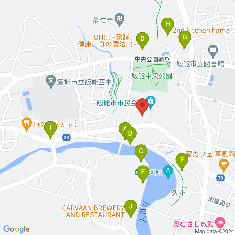 飯能市立博物館周辺のファミレス・ファーストフード一覧地図