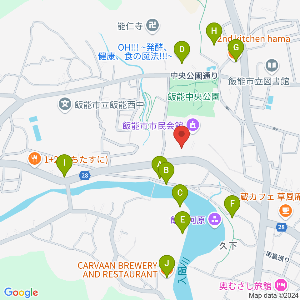 飯能市立博物館周辺のファミレス・ファーストフード一覧地図