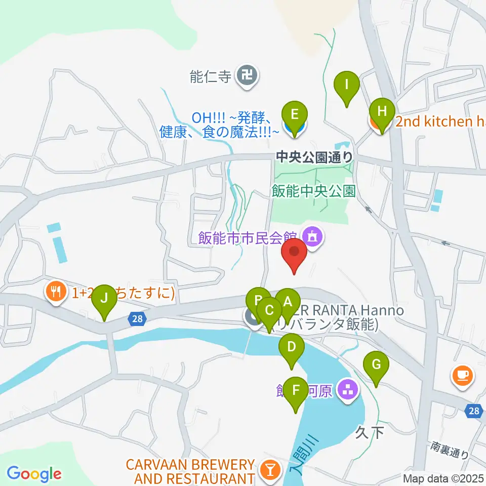 飯能市立博物館周辺のファミレス・ファーストフード一覧地図