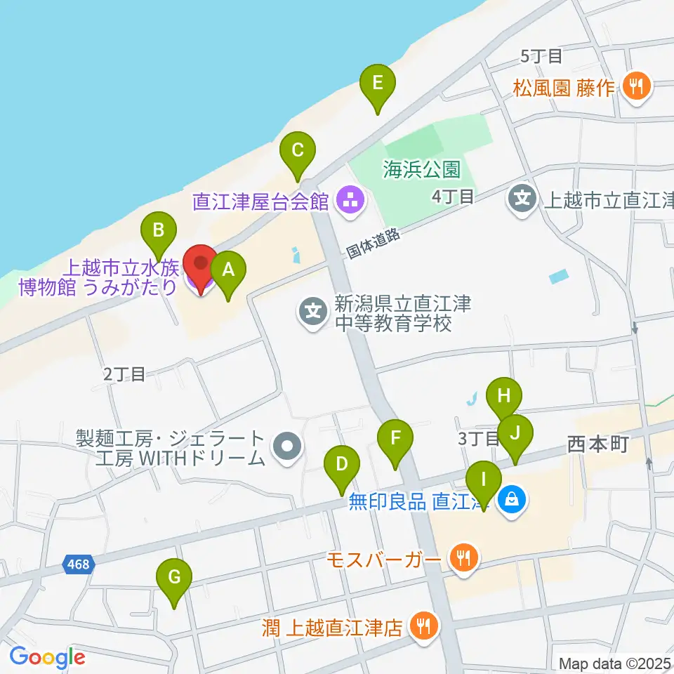 上越市立水族博物館うみがたり周辺のファミレス・ファーストフード一覧地図