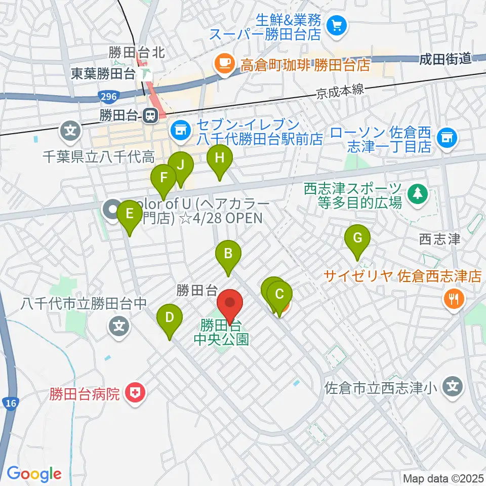 勝田台中央公園小体育館周辺のファミレス・ファーストフード一覧地図
