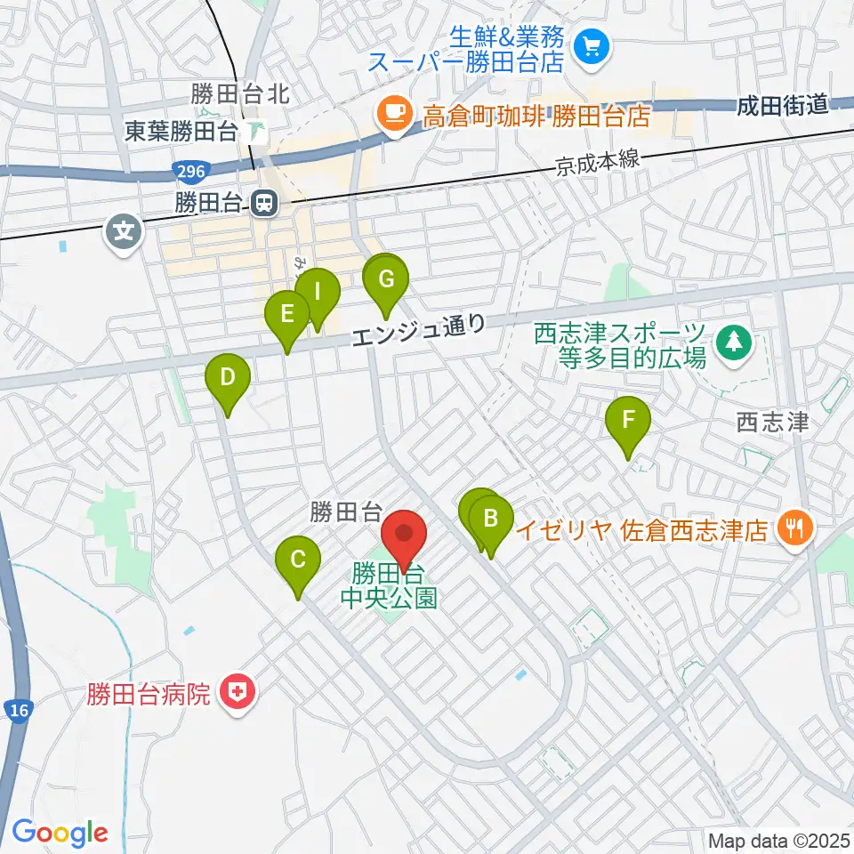 勝田台中央公園小体育館周辺のファミレス・ファーストフード一覧地図
