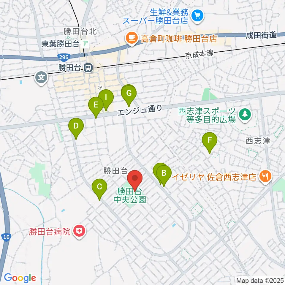 勝田台中央公園小体育館周辺のファミレス・ファーストフード一覧地図