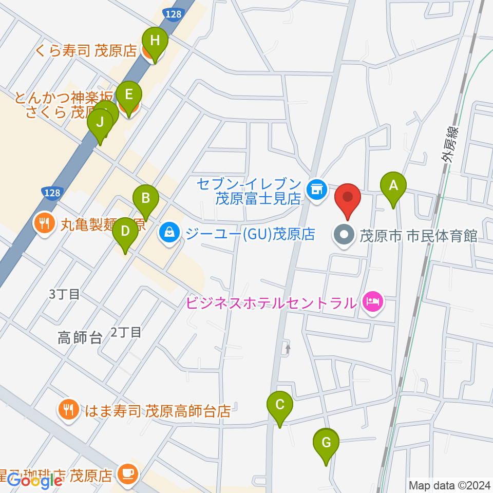 茂原市市民体育館周辺のファミレス・ファーストフード一覧地図