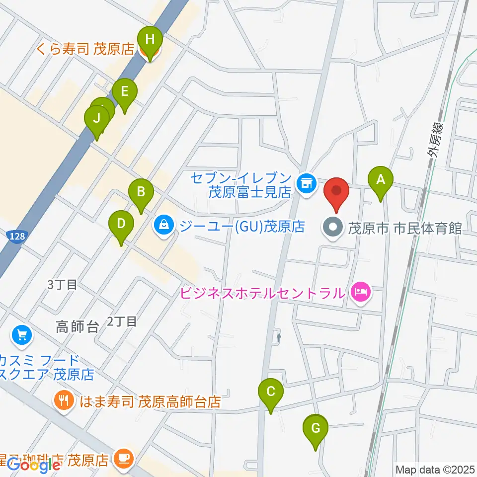 茂原市市民体育館周辺のファミレス・ファーストフード一覧地図