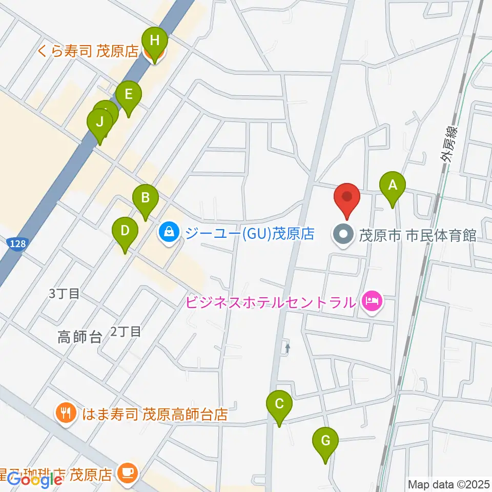 茂原市市民体育館周辺のファミレス・ファーストフード一覧地図