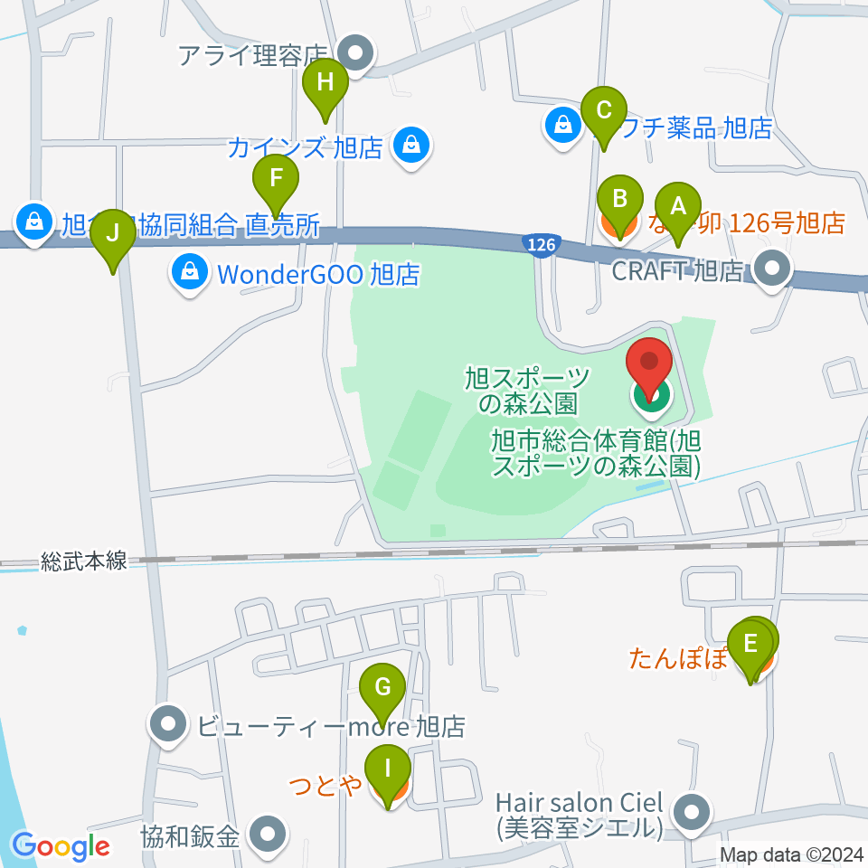 旭市総合体育館周辺のファミレス・ファーストフード一覧地図