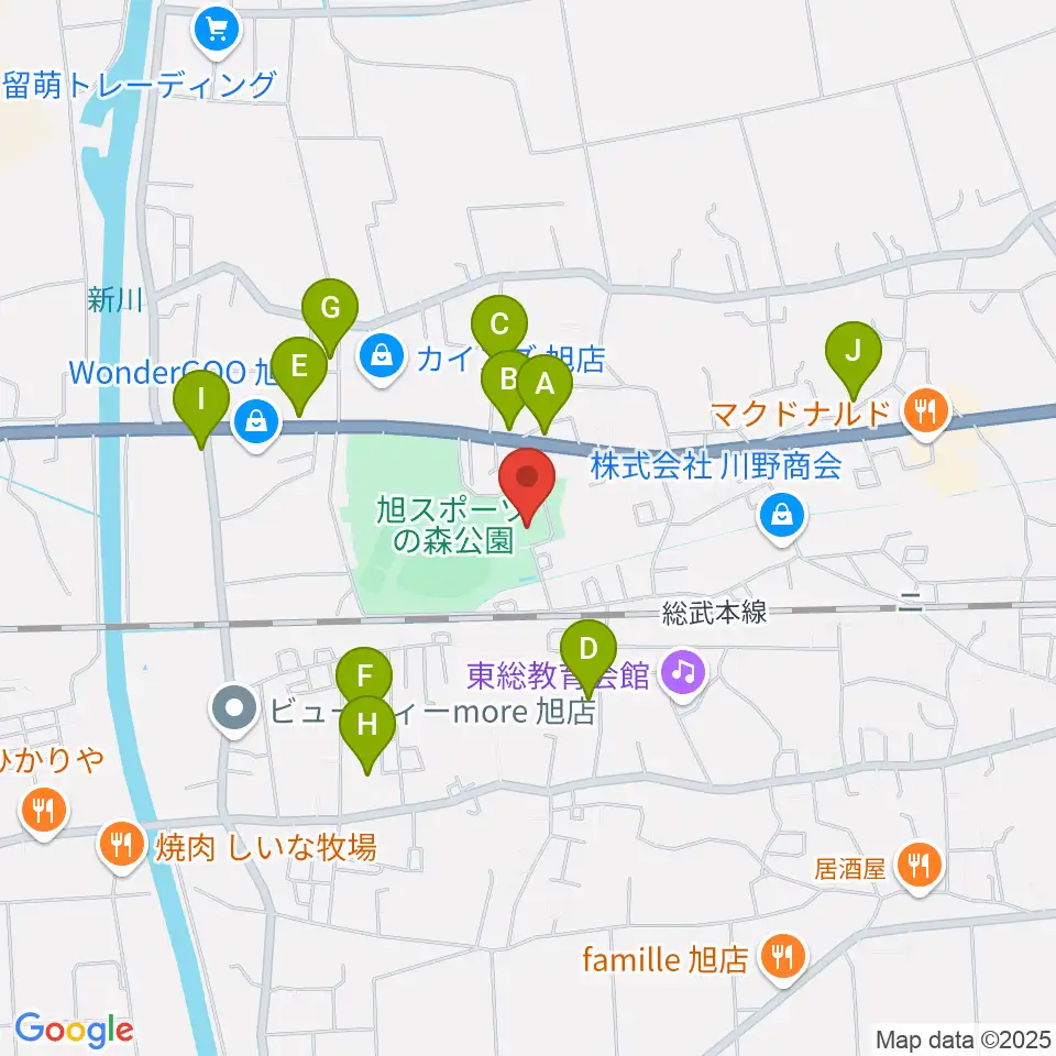 旭市総合体育館周辺のファミレス・ファーストフード一覧地図