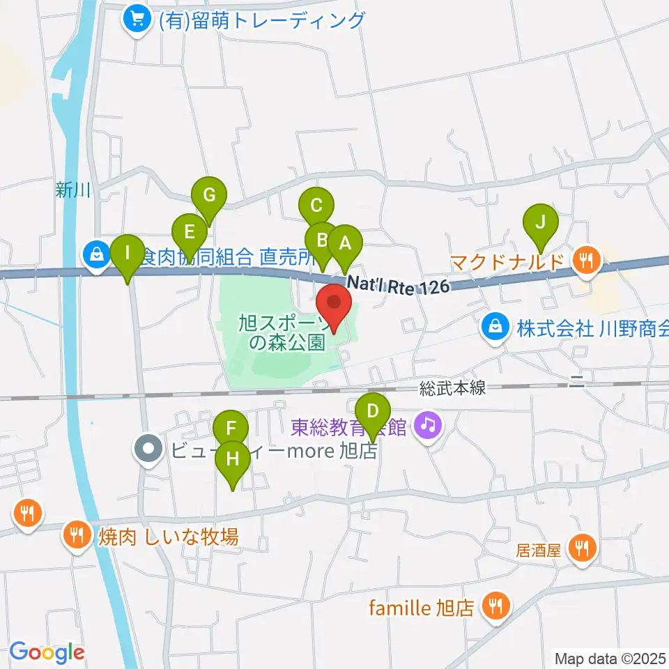 旭市総合体育館周辺のファミレス・ファーストフード一覧地図