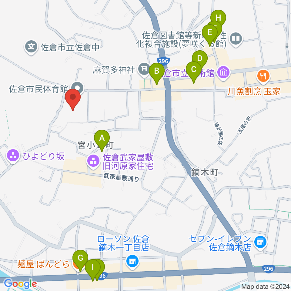 佐倉市民体育館周辺のファミレス・ファーストフード一覧地図