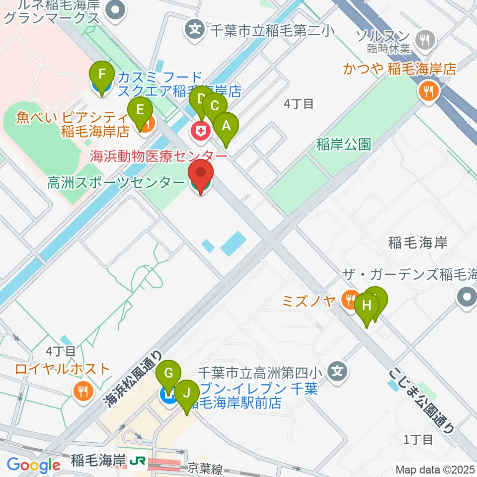 高洲スポーツセンター周辺のファミレス・ファーストフード一覧地図