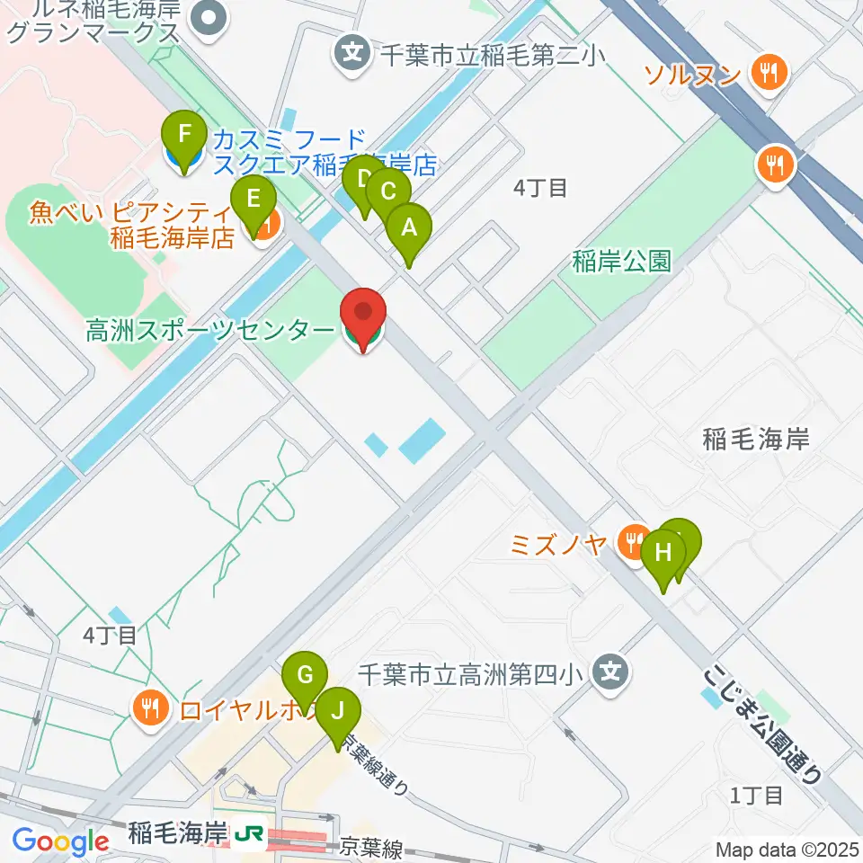 高洲スポーツセンター周辺のファミレス・ファーストフード一覧地図